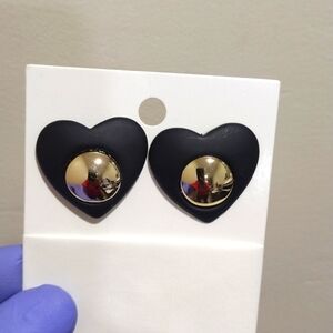 Women's Polished Silver tone Circle on Black Heart Shape Stud Earrings, 1-inch
